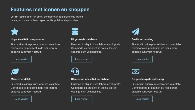 Features grid met iconen en knoppen component
